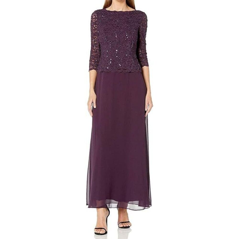 Alex Evenings Women's 3/4 Sleeve Stretch Lace Bodice Mock One Piece Gown, 10P